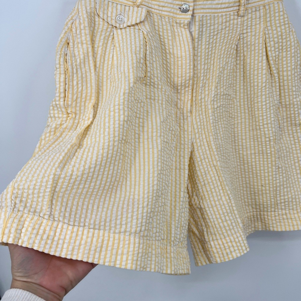 Vintage Seersucker Shorts High Rise Butter Yellow & White Stripe Preppy Resort M - Picture 2 of 8